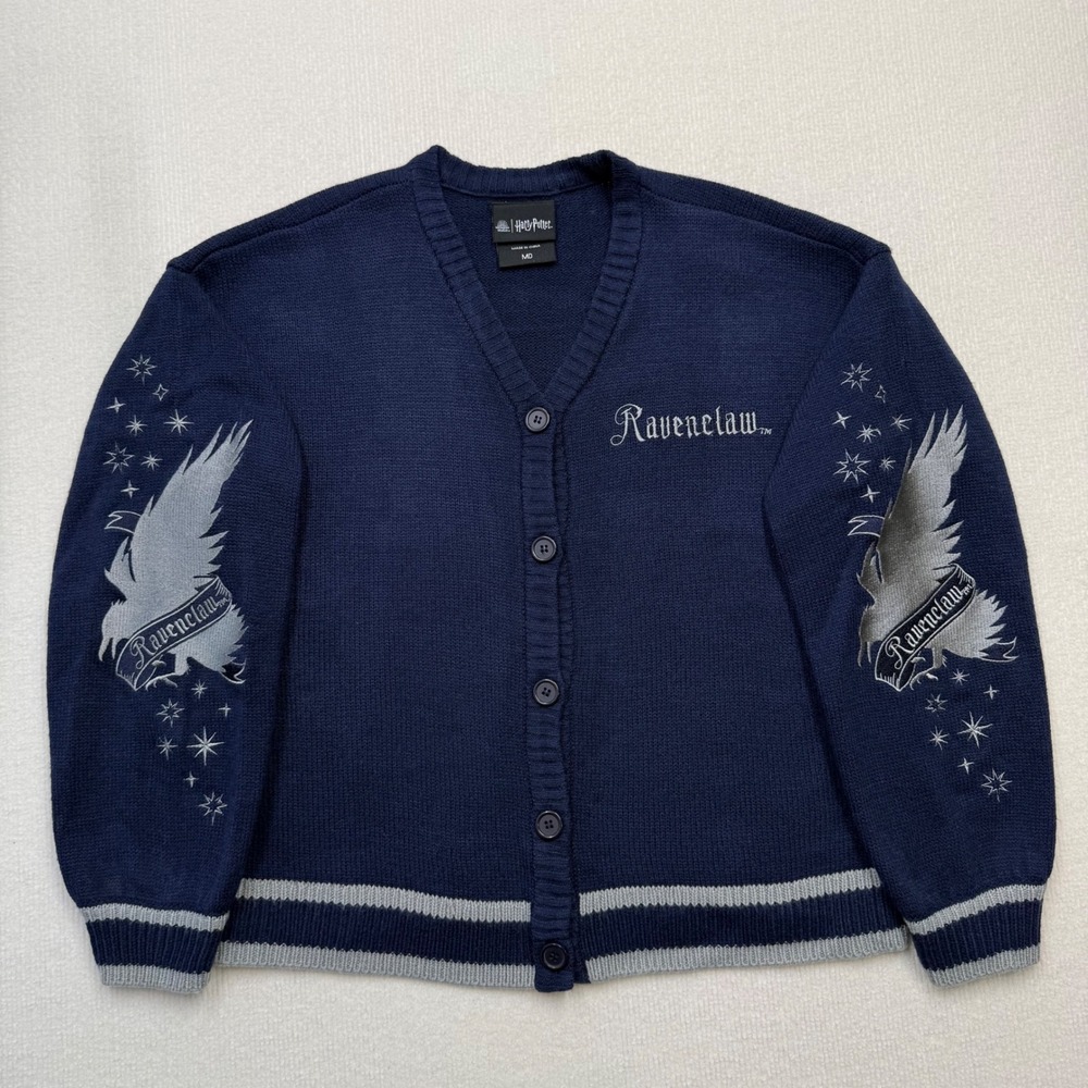 Harry Potter Ravenclaw Cardigan Eagle Crest Star Embroidery Navy Sweater Women M